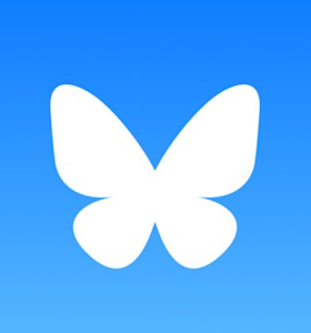 Logo for Bluesky, with a white butterfly on a bllue background